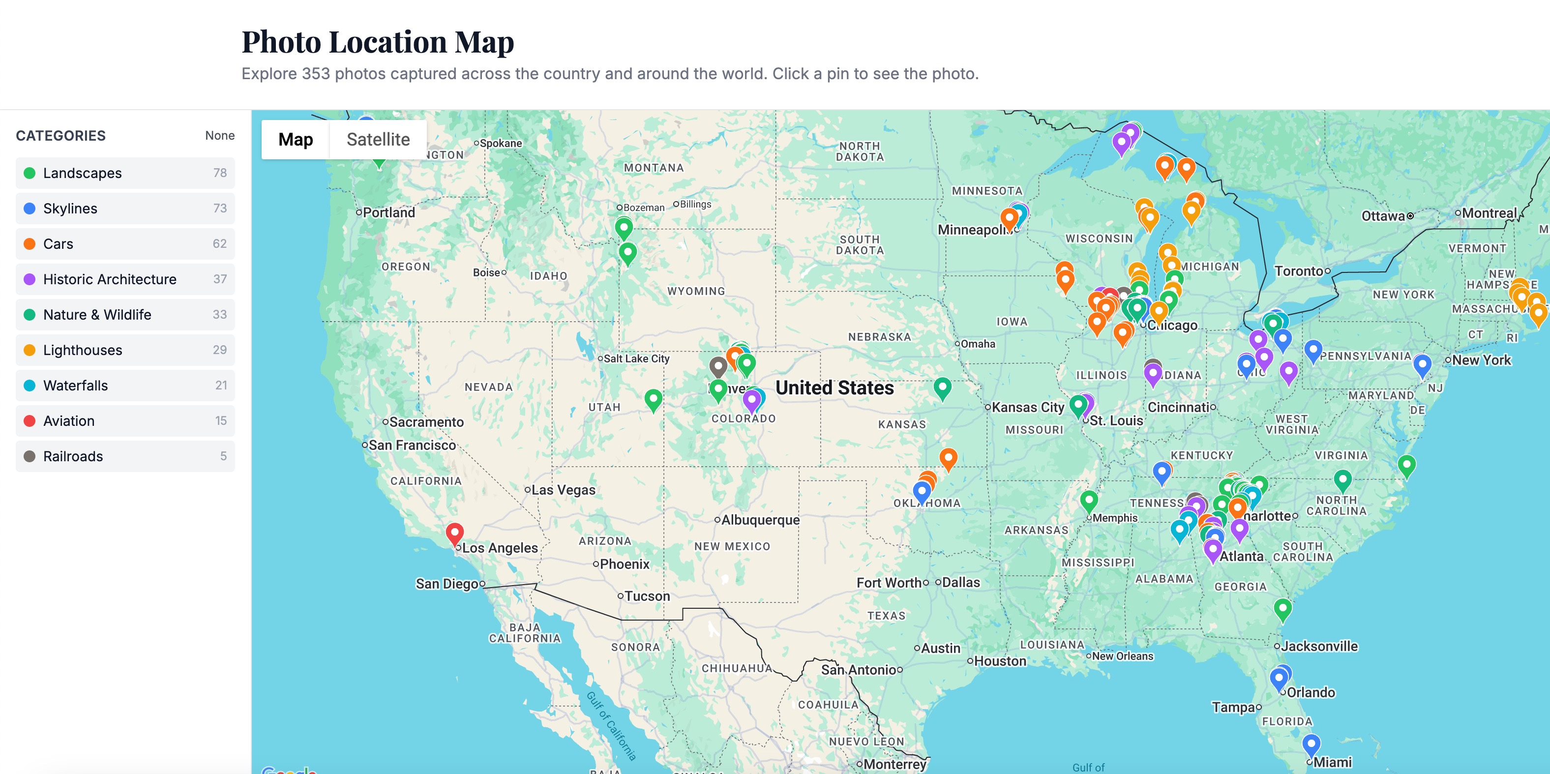 Photo locations map showing 353 photos across the United States